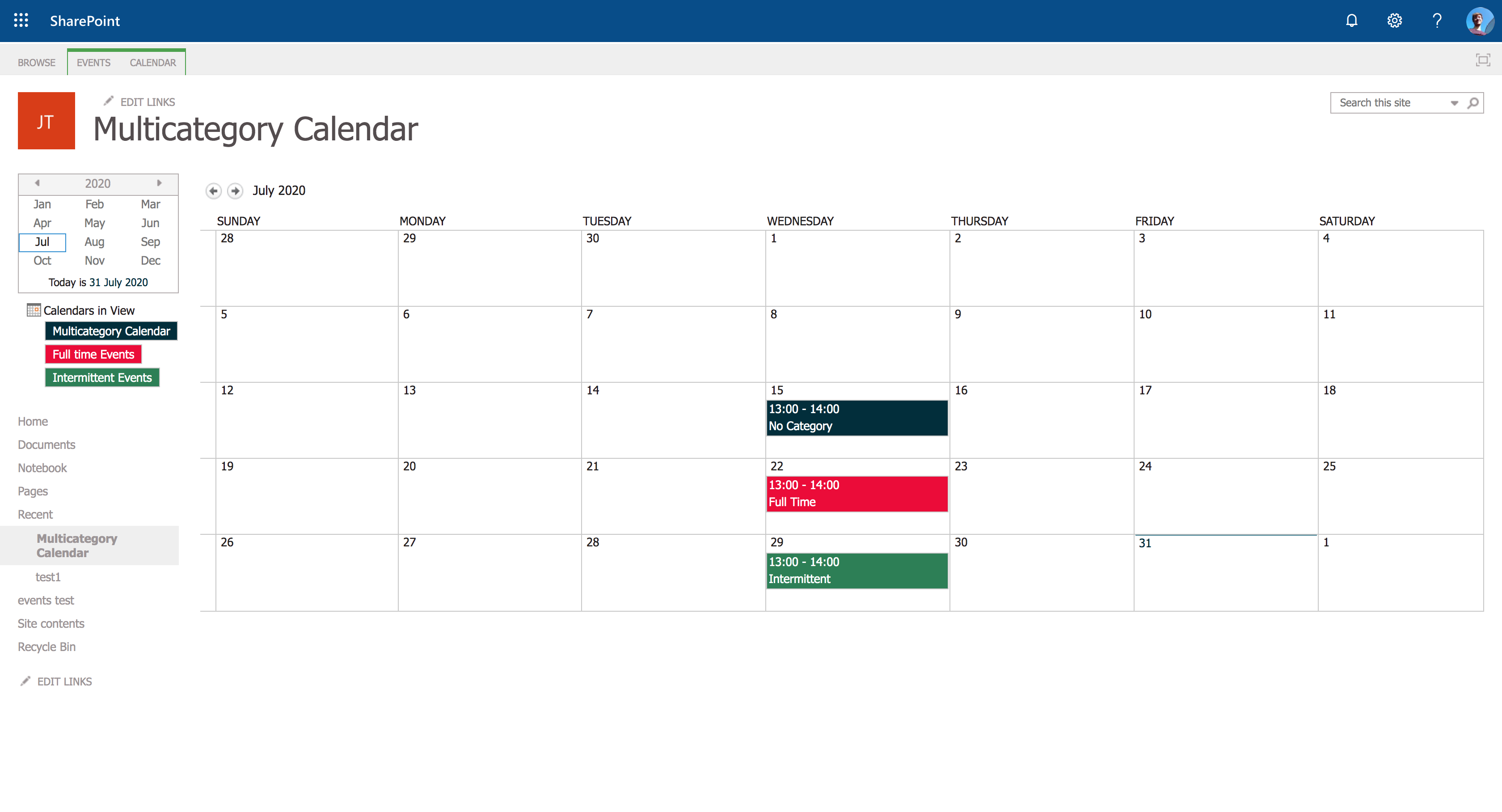 SharePoint Multicoloured Events In Calendar